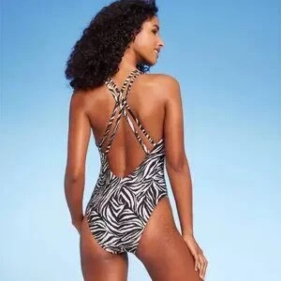 Shade & Shore Double Strap Plunge One Piece Swimsuit XS Black Animal Print Zebra - Picture 2 of 8